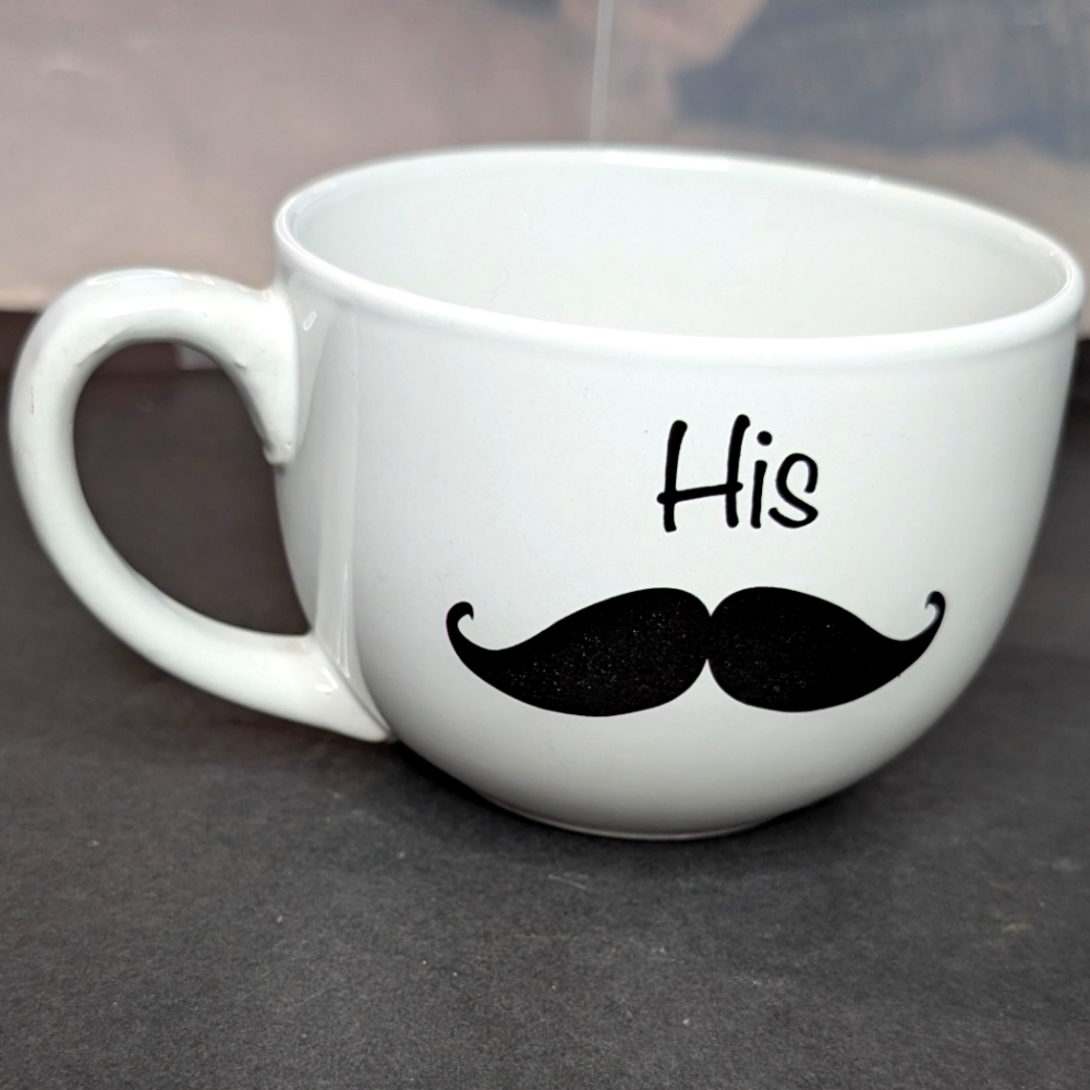 White‎ ceramic whimsical black "His" mustache graphic large 16oz mug